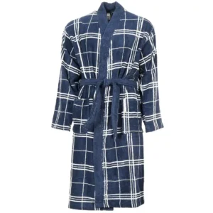 Peignoir bain kimono coton motig jacquard bleu.
