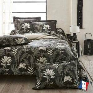 Housse couette satin coton avec imprimé végétation tropical.